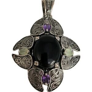 Vintage Silver Petal Pendant With Onyx Center, Accented By Amethyst & Citrine